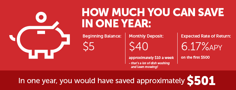 Youth Banking: How much you can save in one year. Beginning balance $5. Monthly deposit $40. Expected rate of return 2.02% APY. In one year, you would have saved approximately $490.