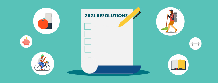 Illustration of the start of a New Year's resolution list surrounded by six pictures in circles: an apple with a milk carton, a person walking outside, a person riding a bike, a book, a small picture of a piggy bank, and a small picture of a dumbbell.  