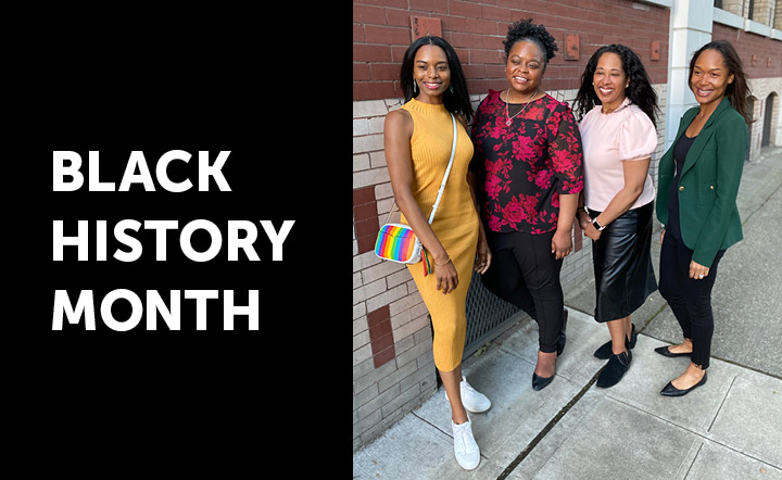White text on black background reads "Black History Month" next to image of four Black women founders of the Black Future Co-op Fund