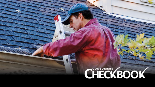 A man cleaning out the gutters of a home. White text says 'Consumers' Checkbook' in the bottom right corner.