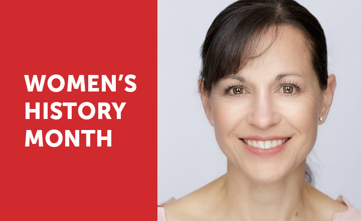 White text on red background reads Women's History Month next to image of a woman's face