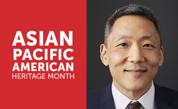 White text on red background says, "Asian Pacific American Heritage Month," next to headshot of BECU SVP Bryan MacDonald