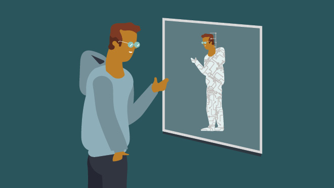 Illustration of a person pointing at a screen displaying a digital replica of himself.
