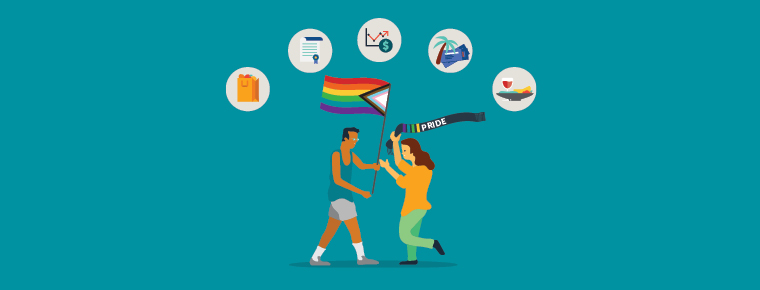 Illustration of two people walking toward each other, one carrying a Pride flag and the other carrying a scarf that says "Pride." Five icons in circles arch over them: a grocery bag, a contract, a graph with a dollar sign, a beach scene and food.