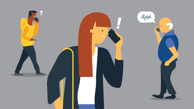 Three illustrated people are having conversations on the phone. The person on the left is holding up a cellphone and to the right it's a question marking indicating confusion. The person in the middle of the illustration is also holding up a phone and to the right of her is an exclamation point, indicating that she's surprised. Last, there is an older individual holding up a phone and to the left of him is a voice pattern, which indicates his voice being cloned. 