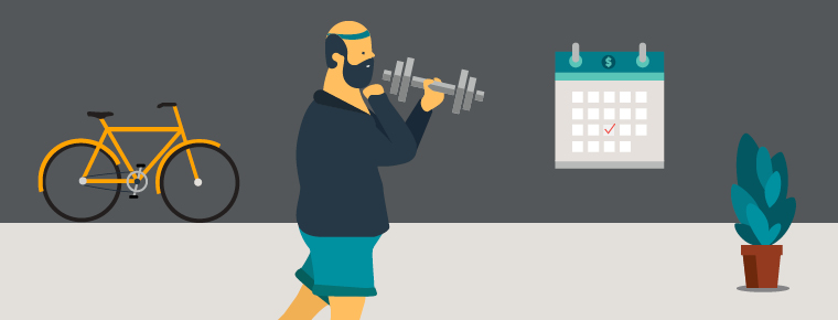Illustration of a man wearing a blue headband and blue athletic shorts holding a dumbbell. On his left is a yellow bicycle and on his right is a wall calendar and a potted plant.