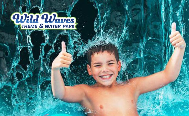 Boy playing in water with Wild Waves logo