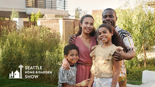 A smiling family in their yard. Seattle Home & Garden Show logo.