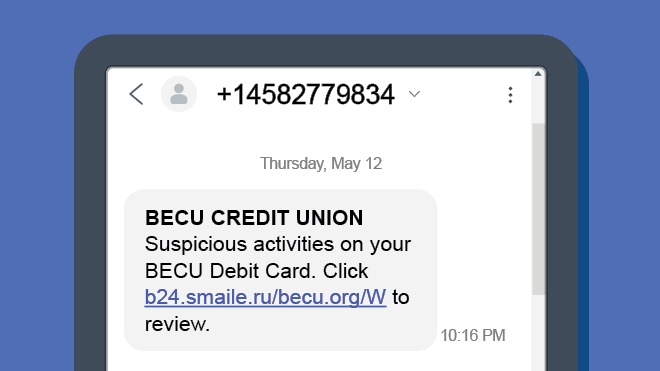 Smishing Scam Example: Suspicious activity on debit card