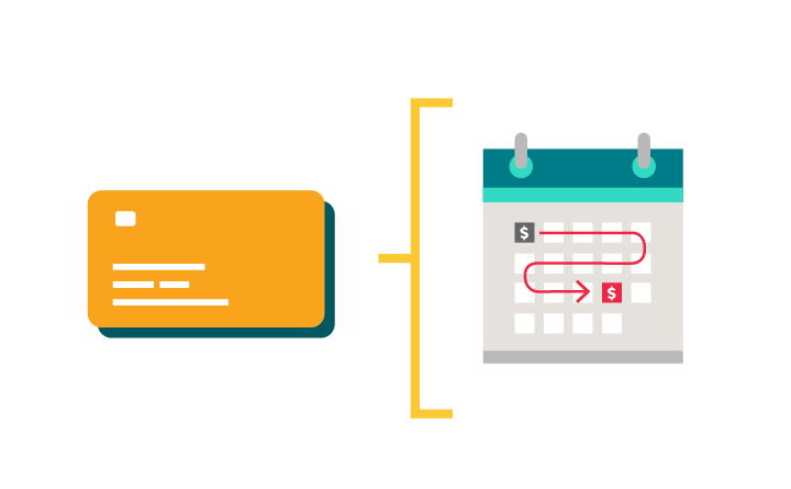 Illustration of an orange credit card next to a bracket around a calendar. A red line snakes across the weeks, starting with a gray dollar sign on the first of the month and ending with an arrow pointing to a red dollar sign near the end of the month.