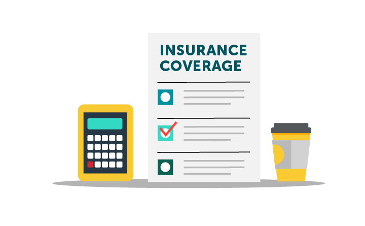 Illustration of a checklist titled Insurance Coverage with the middle item checked off. A calculator is to the left and a coffee cup is to the right of the checklist.
