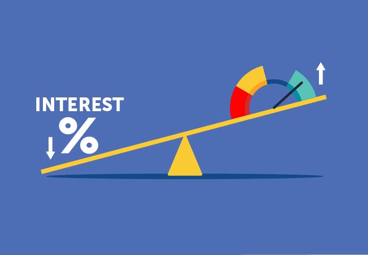 Illustration of a see-saw with interest % going down on the left, and a credit score indicator going up on the right