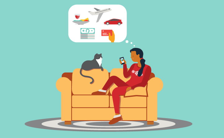 This illustration portrays a person sitting on a couch with a cat. There is a thought bubble above the persons head. In the thought bubble are travel icons such as a plane, car, money and credit card. The illustration suggests that the person is budgeting for travel expenses.
