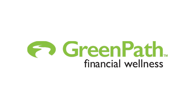 Logo for GreenPath. The word "GreenPath" is in light green text with "financial wellness" below it in black text. To the left of the words is a green icon of a winding road.