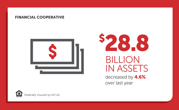 Red and white infographic with an icon representing money and large text that says "$28.8 billion in assets." Smaller text says "decreased by 4.6% over last year." Text in the upper left corner says "financial cooperative." Text in the lower left corner says "Federally insured by NCUA," with the Equal Housing Opportunity logo.