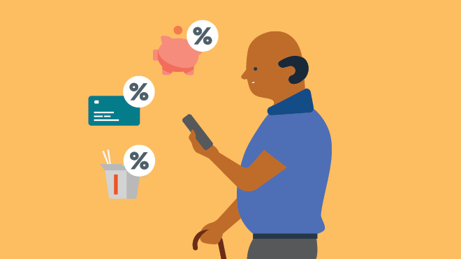 Illustration of man looking at phone and thinking about budgeting categories
